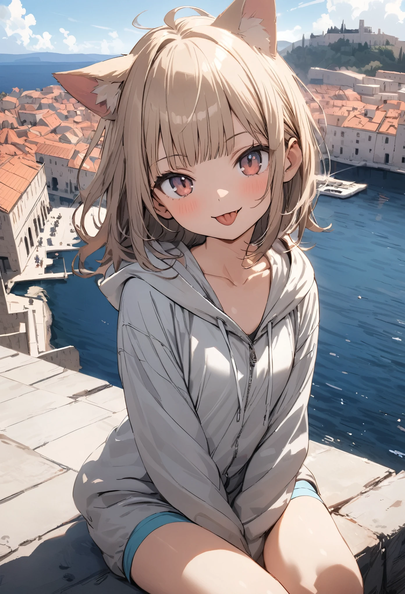 ((Masterpiece)), ((best quality)), (Anime:1.3), (super detail:1.2), (High Definition:1.3), (Professional Photography:1.3), (sharp focus), (perfect light), (()), 8K, Glossy skin, cinematic lighting, 1girl, wide-shot, ((wearing oversized hoodie)), zip up, fluffy shorts, exposed bare neck, (Cute innocent teenage girlHealthy slim body), small breast, glossy medium hair, (loose blunt bangs), :d, open mouth, (sticking out tongue), (naughty smile), beautiful collarbones, (exposed shoulders), (cat ears), pale brown hair, messy Hair, BREAK, ((best quality)), (sitting on Dubrovnik townscape in Croatia), summerday, Beautiful and clear Adriatic Sea,