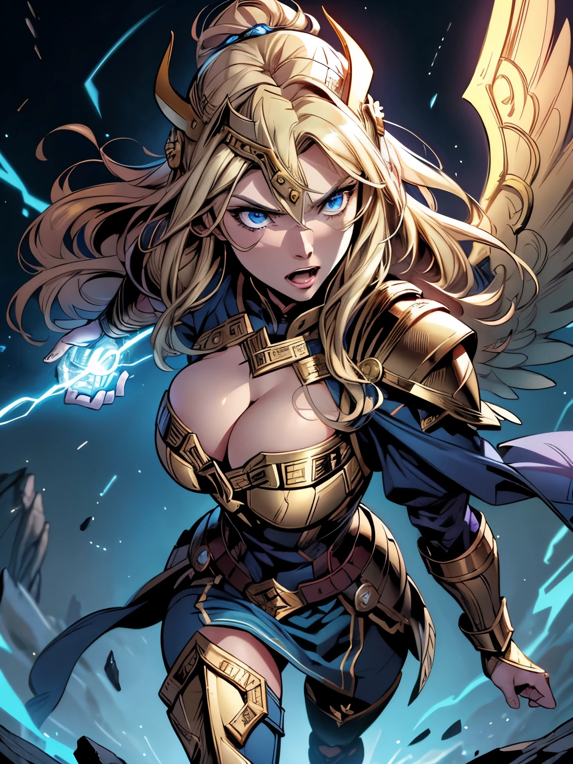 (best quality,4k,highres:1.2),dramatic comic book style,a blonde Asgardian heroine. She wears dark blue armor, gold trim, (((Norse helm with gold wings))), armored glove, deep v neck. stern expression. blond hair, long hair, blue eyes, (detailed eyes, detailed face), detailed hands, pretty face, round cheeks, soft face. armoured boots.casting a spell with magical energy,arcane symbols floating in the air,,striking blue lightning,fierce expression,deep shadows and intense highlights,comic book style shading and bold outlines,action-packed dynamic composition,vibrant colors with a mix of whites,blues,and blacks,dramatic lighting to enhance the atmosphere, 