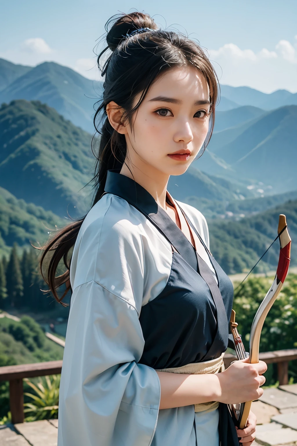 chinese girl, pointing a bow and arrow, archery, silver hair, long ponytail, cool expression, wearing hanfu, kimono, kyudo, on a mountain top, cinematic film style, special effects, VFX,highly detailed, ultra-high resolutions, 32K UHD, sharp focus, (photorealistic:1.5), (Extremely realistic, masterpiece, top quality, official art, best quality, beautiful and aesthetic:1.2),