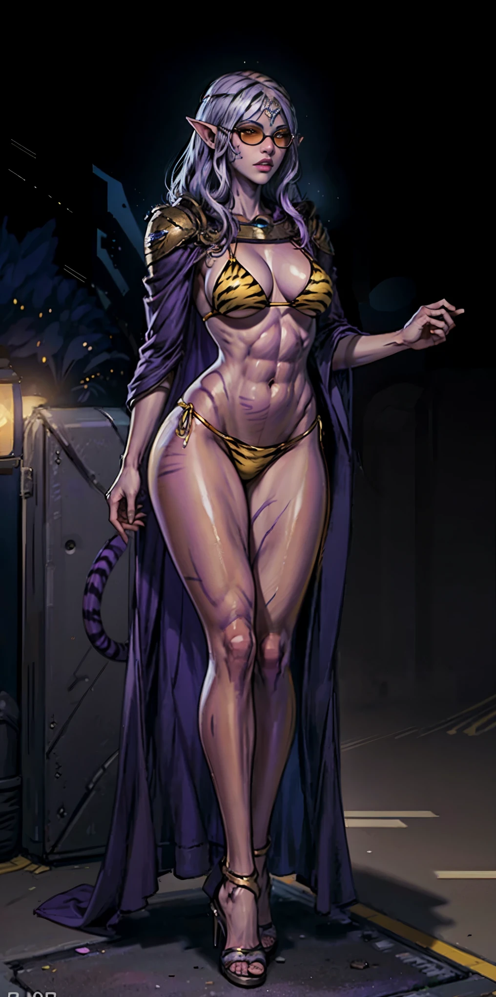 Full body, masterpiece, 1solofemale drow elf purple skin standing pose (yellow tiger bikini) red cape, red bikini, long white hair, strong body, abs, Ultra Quality, shiny skin, Atmospheric, 8K, Cinematic ((Street background)) BREAK, sunglasses