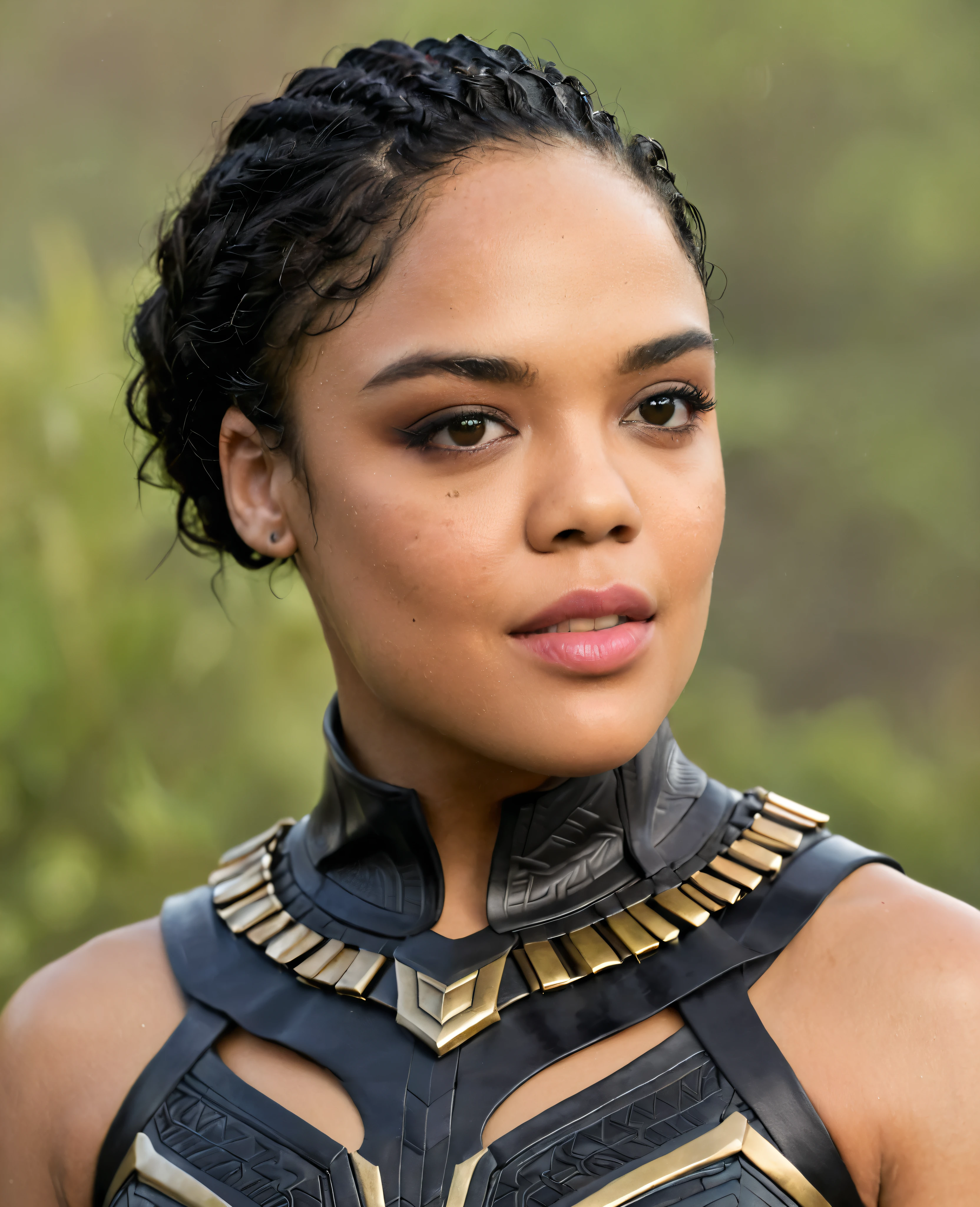 Extremely gorgeous woman Tessa Thompson AS A WAKANDAN WARRIOR, DETAILS, GOOD SKIN, highly detailed, skin pores, sharp focus, amazing details, 