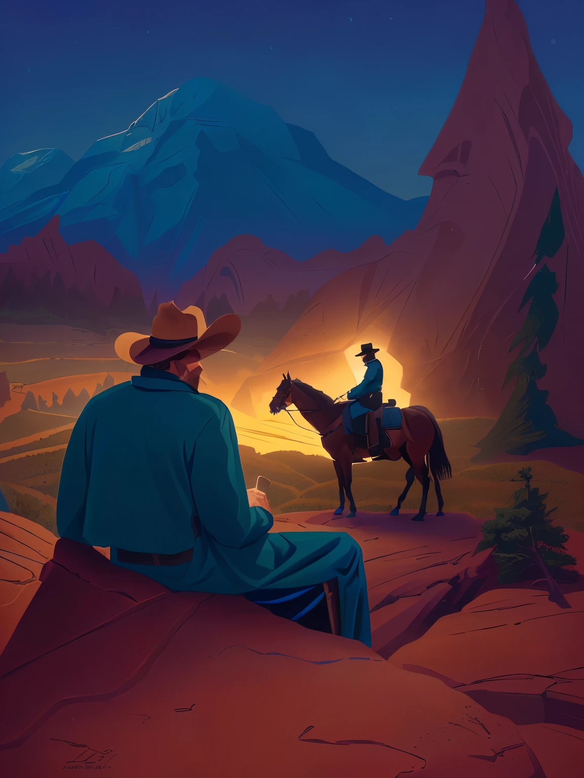 there is a man sitting on a rock with a horse in the background, stylized digital illustration, western animation, calm night. digital illustration, inspired by Brothers Hildebrandt, traveling through the mountains, inspired by Tim and Greg Hildebrandt, matte digital illustration, inspired by George Caleb Bingham, inspired by Rockwell Kent, in style of digital illustration
