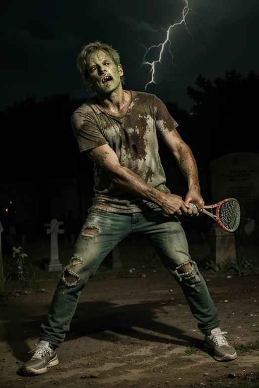 Zombie male middle-aged decay green skin tone dirty full body photo very worn clothes Playing tennis The moment lightning strikes At the graveyard