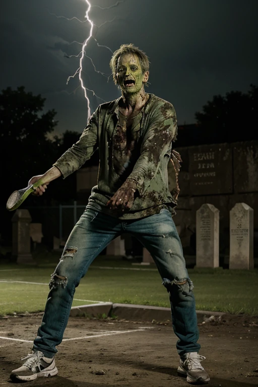 Zombie male middle-aged decay green skin tone dirty full body photo very worn clothes Playing tennis The moment lightning strikes At the graveyard