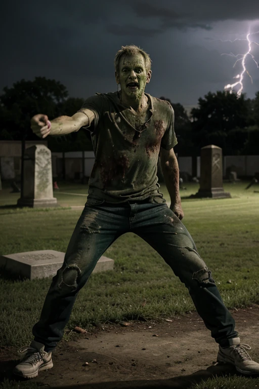 Zombie male middle-aged decay green skin tone dirty full body photo very worn clothes Playing tennis The moment lightning strikes At the graveyard