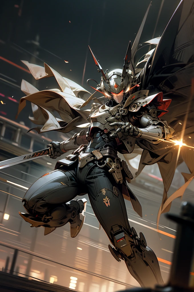 slow shutter, (blur:1.3), horror style, super fine illustration, highly detailed, masterpiece,dynamic angle,best quality,Super detailed, beautiful detailed, 8k, At night in 檀ノ浦, BREAK a MECA made of steel is on the ship, BREAK engaged in an intense ship fight with a another MECA. Sparks are flying. BREAK The fight creates a tense atmosphere as fire lights shine and the sound of clashing metal echoes.human_no,Genpei Battle,Armored warrior,droid,Robot,MECA,perfect hands,holding_sword,