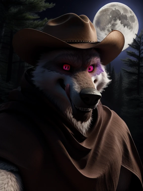 best quality, ultra high res,1furry boysolo, detailed eyes, hypnotized with glowing purple eyes, tongue out, volumetric lighting, amazing, finely detail, cowboy shot, cloak , white fur, red eyes, white sclera, bright pupils, bright atmosphere, muscular, upper body, from back Looking at the viewer Cowboy hat realistic background of a forest with full moon 