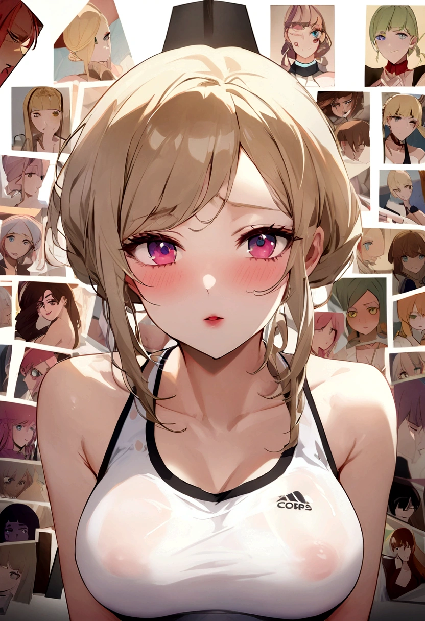 Oman with matching tank top and panties, fille sexy aux yeux bleus, Portrait de Sophie Mudd, Portrait de Corinna Kopf, cheveux blonds et grands yeux, jeune femme, ohne Maquillage, maquillage naturel, visage avec artgram, maquillage subtil, Superbe photo de tout le corps, fais du sport, gros seins, blond, Latin