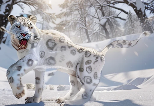 A giant white leopard, (((with 3 long fangs))), snow land, uhd, 12k, photography, Professional photo realistic nikon, masterpiece, ultra realistic, raw photo