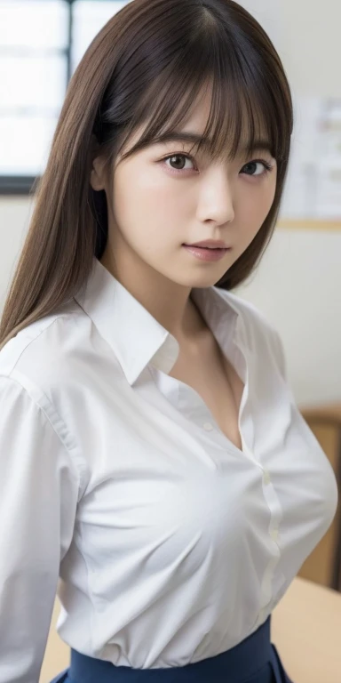 ((masterpiece, highest quality, High resolution)), 1 Japanese girl, (Realistic: 1.4),Great face and eyes, iris, , Medium Hair, (Beautiful Hair:1.5), (Large Breasts、Saggy breasts:1.5), Glowing Skin, (Schoolgirl uniform、White blouse、Navy blue pleated skirt:1.2),Unbuttoning blouse、the chest is open、 You can see a little cleavage、Sit at a desk, Voluptuous thighs、School classroom, Smooth, Highly detailed CG composite 8K wallpaper, High resolutionのRAWカラー写真, Professional photography, Light, BackLight, dream-like, impressive, Written boundary depth