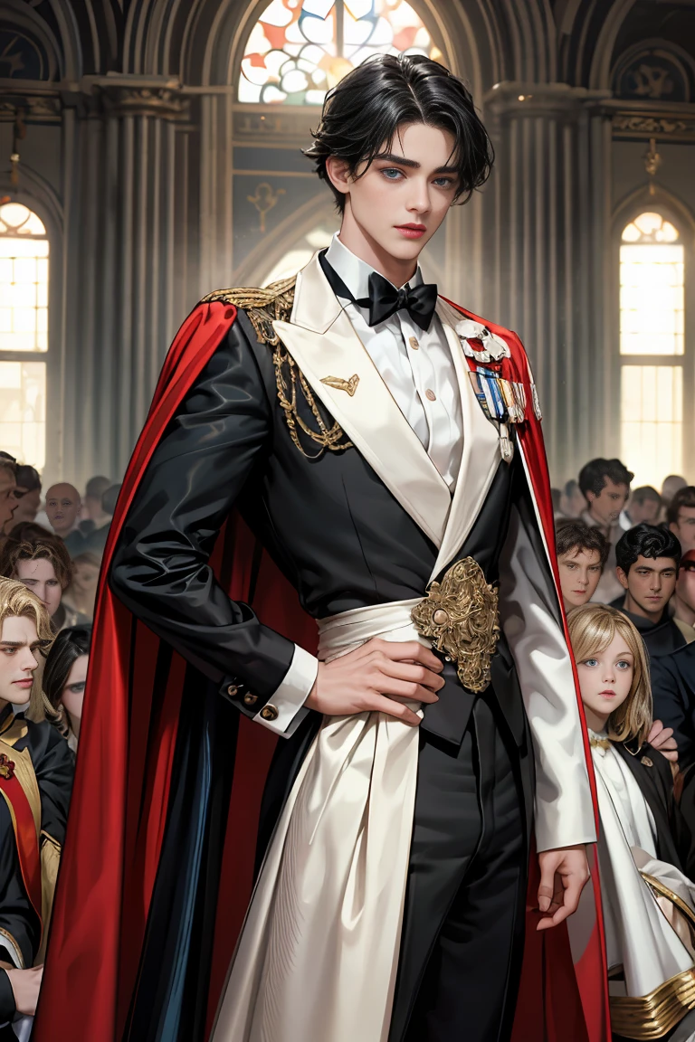 masterpiece, 最high quality, high quality, 1 boy, alone, Male focus, Watching the audience, Messy black hair, Adorable big blue eyes, White, Noble, Noble,Sexy voluminous cape、Tuxedo、A very voluminous, large, very large, very large, long, long red and black cape with a high stand-up collar, reaching down to the floor, made of a lot of fabric., ,Cute beautiful boys,Cute, cute, kind, handsome guy