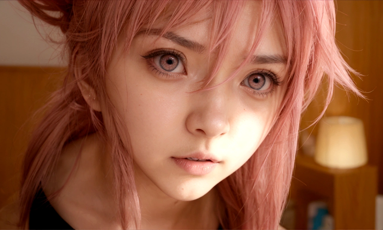 a woman with pink hair and pink eyes looks at the camera, Mirai nikki, Cero dos, primer plano de otro iwakura, primer plano de otro iwakura, estilo anime Gainax, in the anime movie, captura de pantalla de un anime de 2012, chica anime llamada gasai yuno, tiene una mirada penetrante, primer plano de una joven chica anime