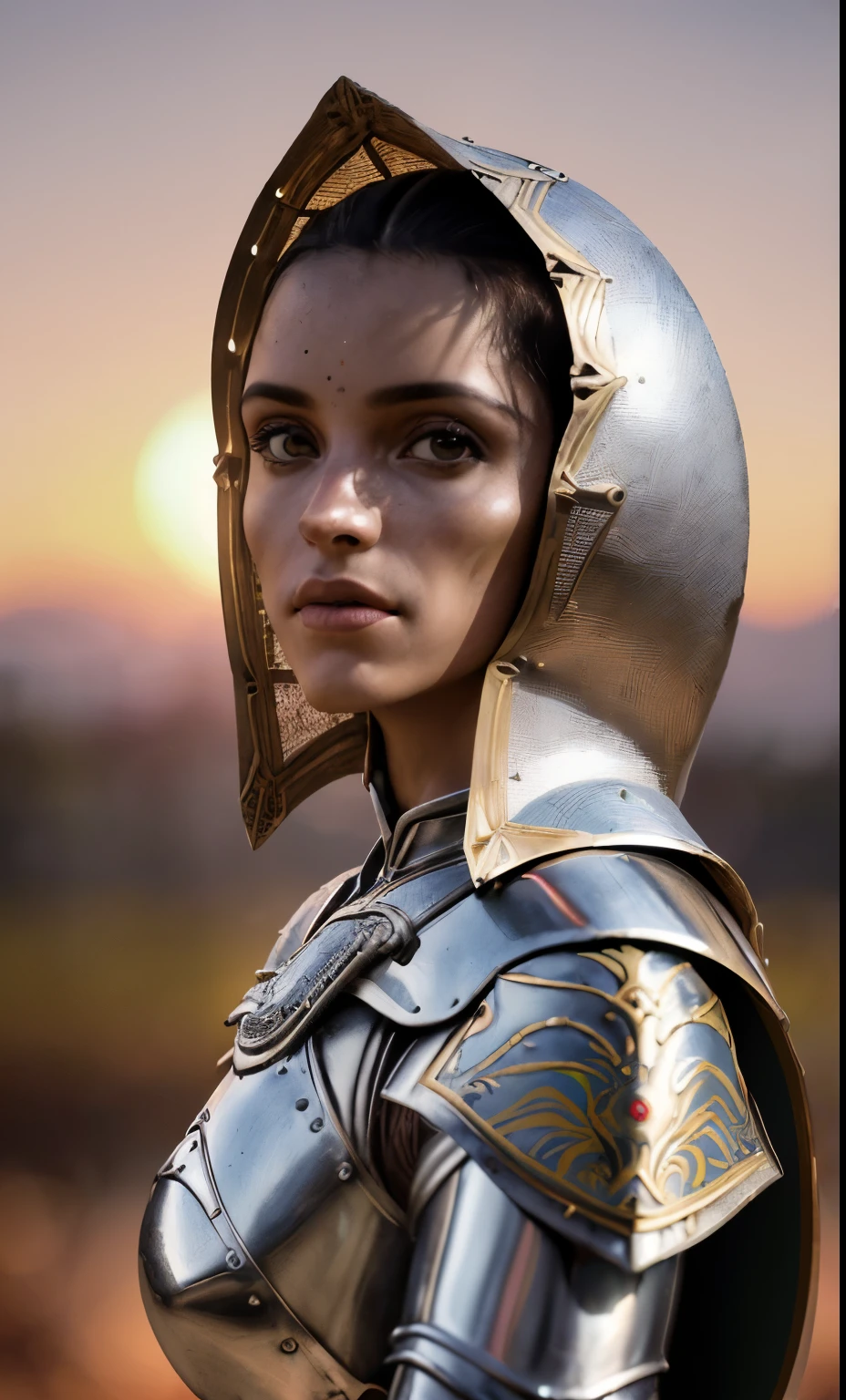 (Obra de arte), (extremamente complexo:1.3), (realista), retrato de uma , a mais bonita do mundo, (armadura medieval), metallic reflections, tronco, ao ar livre, luz solar intensa, castelo distante, fotografia profissional de uma mulher deslumbrante detalhada, sharp focus, dramatic, premiado, cinematic lighting, octano render motor irreal, volumetric dtx, (film grain, fundo desfocado, primeiro plano desfocado, Bokeh, profundidade de campo, sunset, desfoque de movimento:1.3), cota de malha