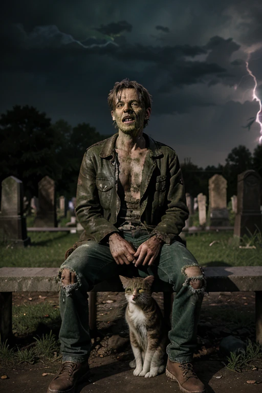 Zombie male middle-aged decay green skin tone dirty full body photo very worn clothes Playing The moment lightning strikes At the graveyard Sitting on a bench holding a Dirty cat on his lap and Kissing it At night