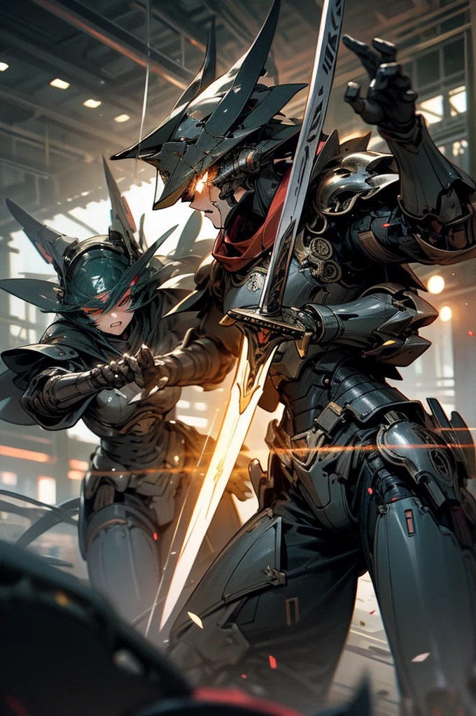slow shutter, (blur:1.3), horror style, super fine illustration, highly detailed, masterpiece,dynamic angle,best quality,Super detailed, beautiful detailed, 8k, At night in 檀ノ浦, BREAK a MECA made of steel is on the ship, BREAK engaged in an intense ship fight with a another MECA. Sparks are flying. BREAK The fight creates a tense atmosphere as fire lights shine and the sound of clashing metal echoes.human_no,Genpei Battle,Armored warrior,droid,Robot,MECA,perfect hands,holding_sword,battle scene