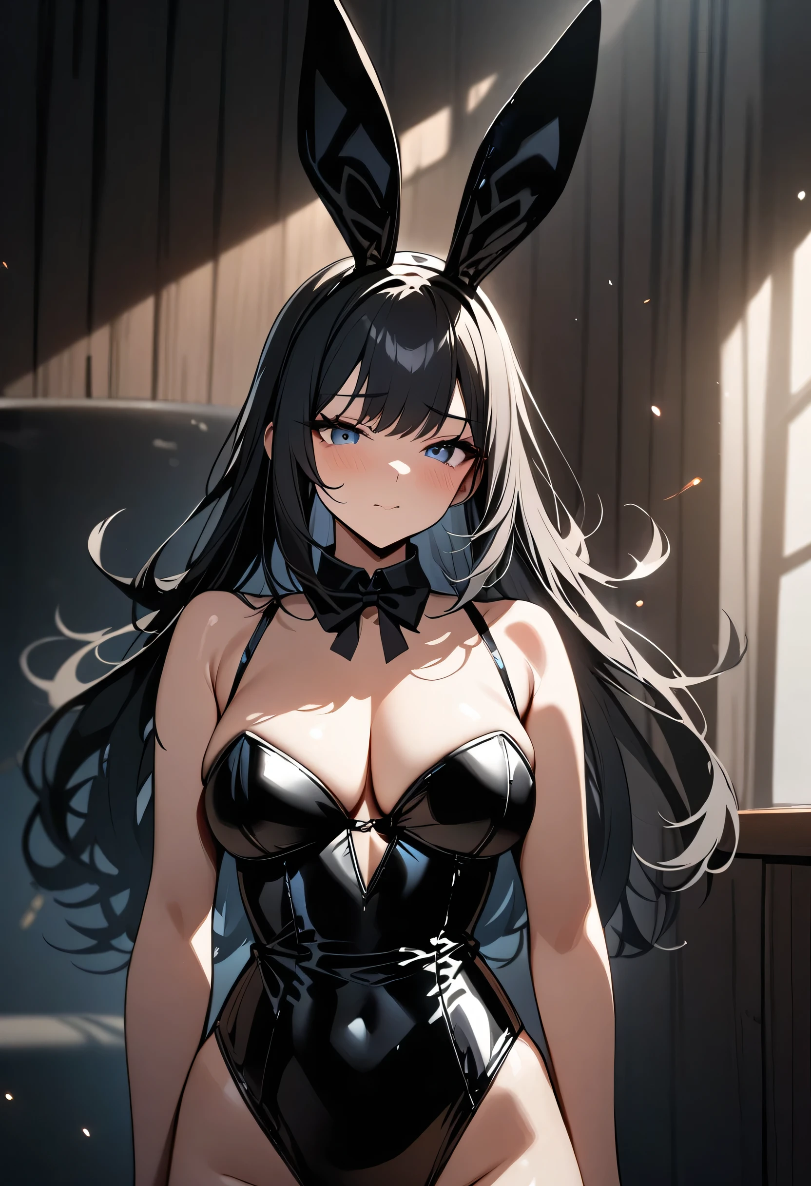 Masterpiece, best quality, 1girl, bunny girl, black latex corset, black hair, black skirt, busty, small waist, at a exclusive