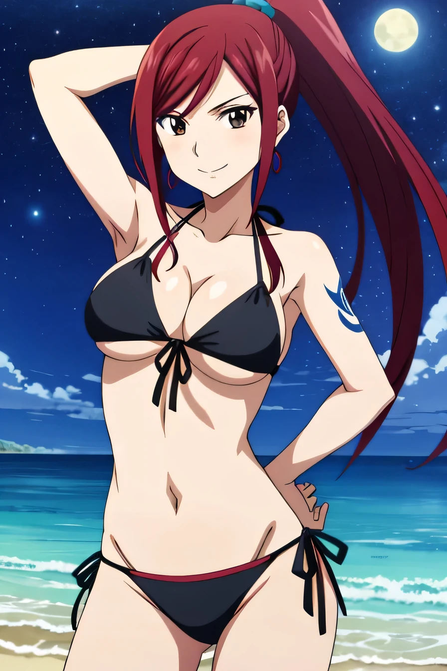  source anime,
 Fairytail_Erza, 1girl, swimsuit, solo, bikini, breasts, long hair, tattoo, jewelry, earrings, black bikini, cleavage, red hair, smile, navel, side-tie bikini bottom, smile, (cowboy shot:1.5), solo, night sky, beach, arms behind head, contrapposto, spread armpits, looking at viewer, best quality, black eyes, brown eyes, collarbone, blue sky, high ponytail, sideboob, anime coloring,