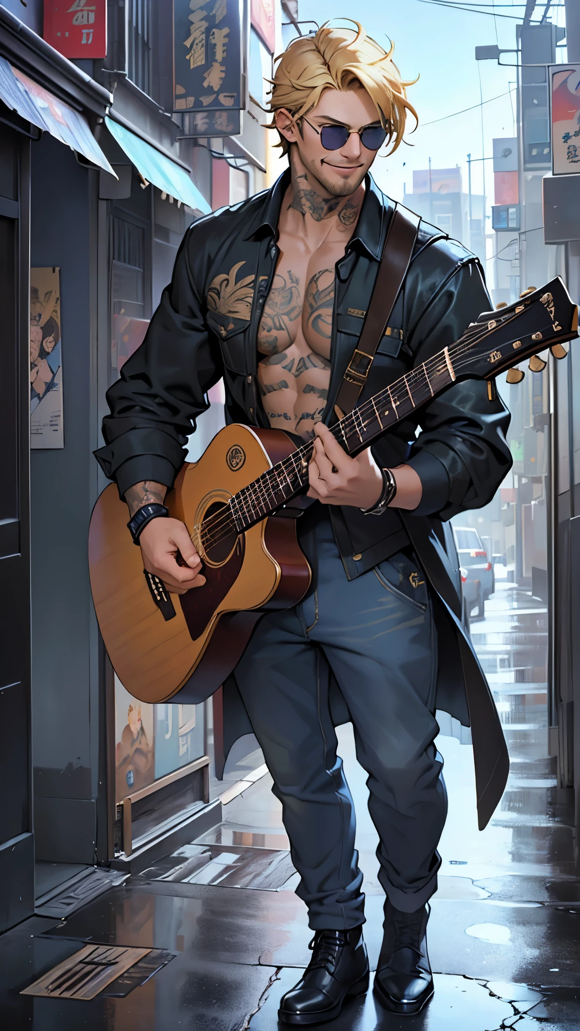 最high quality、best image quality、masterpiece、male((20-year-old、 By becoming、wide open breast tea、Shining Eye, blonde、shortcut、Wristband、stubble、muscular、eye、sunglasses、full body tattoo、smile、have a guitar、guitar playing、rock costume、scream)),high quality、beautiful art、background((Tokyo,street museum))、Flight、debris flies、Depth of written boundary、movie、visual art、perfect art、8k,genuine、
