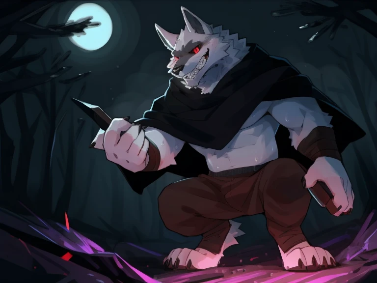 deathwolf, 1boy, solo, colored sclera, red eyes, black cloak, white fur, full body, anthro, (smile:1.2), (pain:1.1), (clenched teeth with drooling:1.3), (one eye closed:1.5), from above, kneeling, (hands behind back:1.3), (looking upwards:1.5), (tightly bound by vines:1.5), male, muscular, muscular anthro, (sweat:1.4), muscular male, aged up, hi res, (bottomwear:1.2), 8k hd, extreme detail, detailed background, dark cave, vines tight around body, black cloak revealing chest, bulge visible through pants, blushing, sweating, vines tightly bound on bulge, looking at camera from above