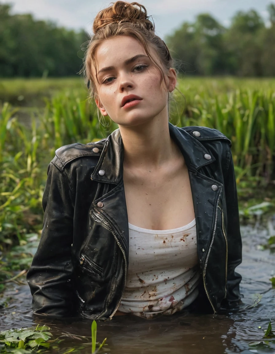 masterpiece, professional, sensation, attention-grabbing, teenage girl, drowning in a swamp, drowning, sinking, long messy loose bun, freckles, wearing soaking wet flared dark jeans, messy, faded leather biker jacket, t-shirt, pale skin, lifeless expression, can't help herself with masturbation, intimate moment:1.2, victim pose