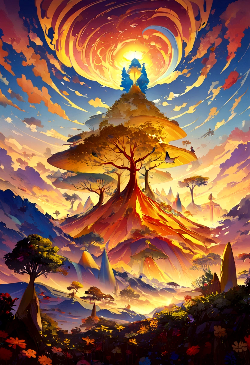 Paisaje hermoso con colores amarillo, azul y rojo, hermosas guacamayas de colores amarillo, blue and red flying around a yellow turpial tree with colorful sunset