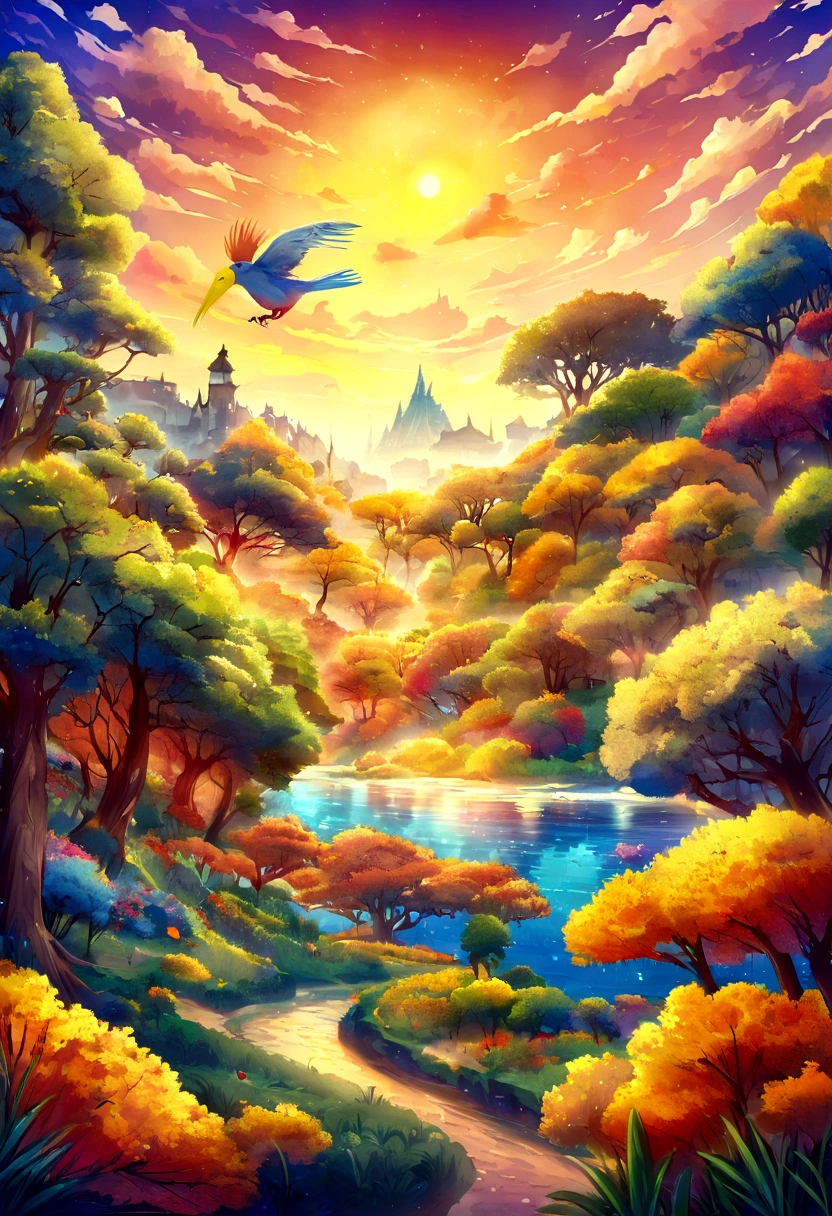 Paisaje hermoso con colores amarillo, azul y rojo, hermosas guacamayas de colores amarillo, blue and red flying around a yellow turpial tree with colorful sunset
