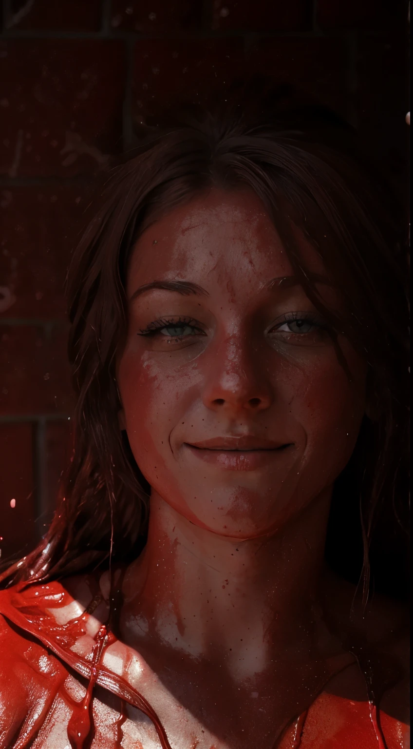 there is Kruzadar woman under a red chocolate waterfall, red chocolate pouring onto her hair and shoulders, a hyperrealistic photograph, smiling, smothered in melted chocolate, oozing black goo, sticky red goo. photography, covered with red goo, made of smooth red goo, red oil, dripping on her skin, red slime
