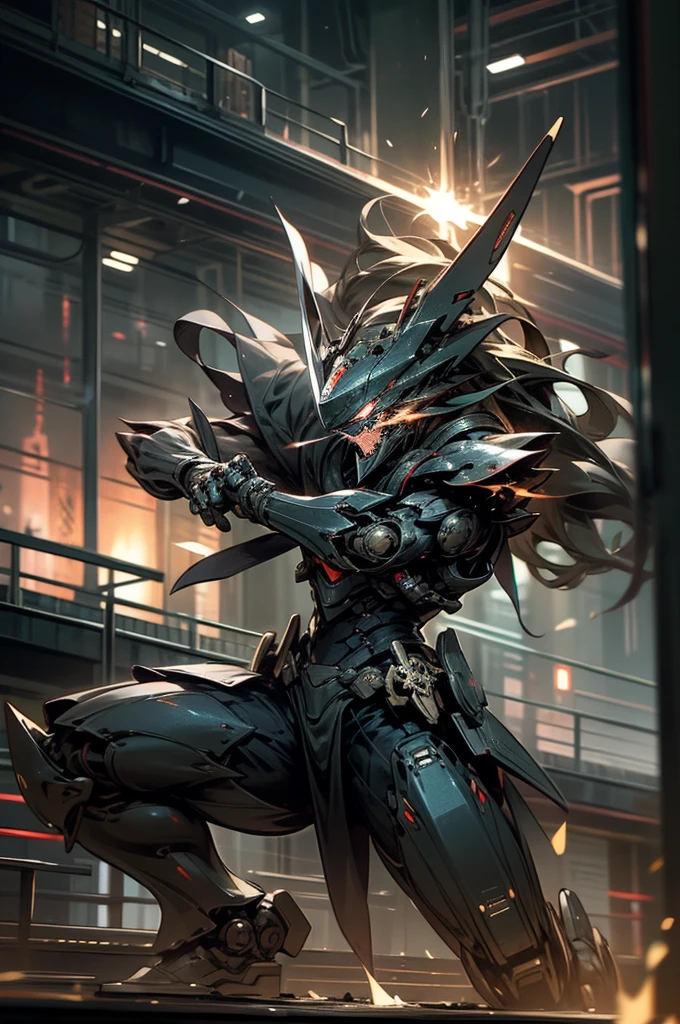 slow shutter, (blur:1.3), horror style, super fine illustration, highly detailed, masterpiece,dynamic angle,best quality,Super detailed, beautiful detailed, 8k, At night in 檀ノ浦, BREAK a MECA made of steel is on the ship, BREAK engaged in an intense ship fight with a another MECA. Sparks are flying. BREAK The fight creates a tense atmosphere as fire lights shine and the sound of clashing metal echoes.human_no,Genpei Battle,Armored warrior,droid,Robot,MECA,perfect hands,holding_sword,battle scene,Swordplay,