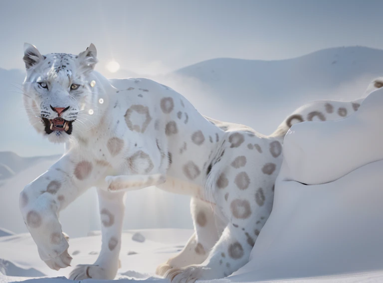 A giant white leopard, (((with 3 long fangs))), snow land, uhd, 12k, photography, Professional photo realistic nikon, masterpiece, ultra realistic, raw photo