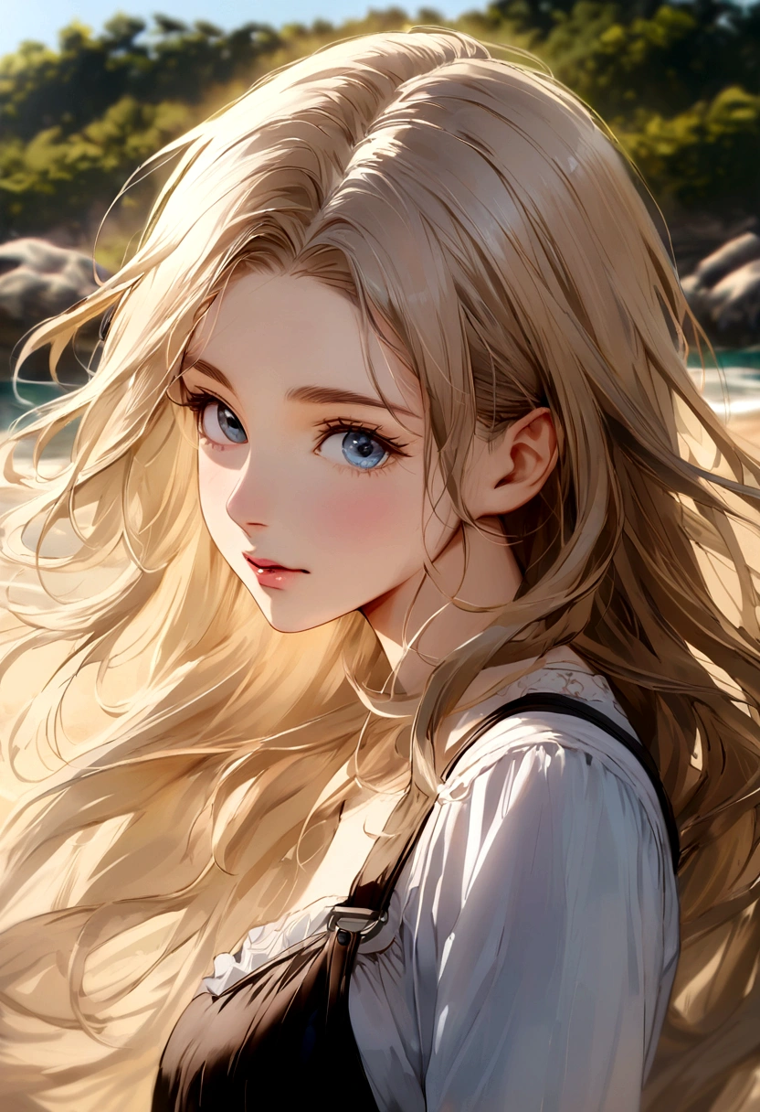 A photorealistic portrait of a 21-year-old swedish girl with long, flowing blond hair and striking ice blue eyes. She should have a natural, approachable expression and be illuminated by soft, golden-hour sunlight. The background should be a scenic outdoor setting, perhaps a sunlit park or beach. Capture this image with a high-resolution photograph using an 85mm lens for a flattering perspective.