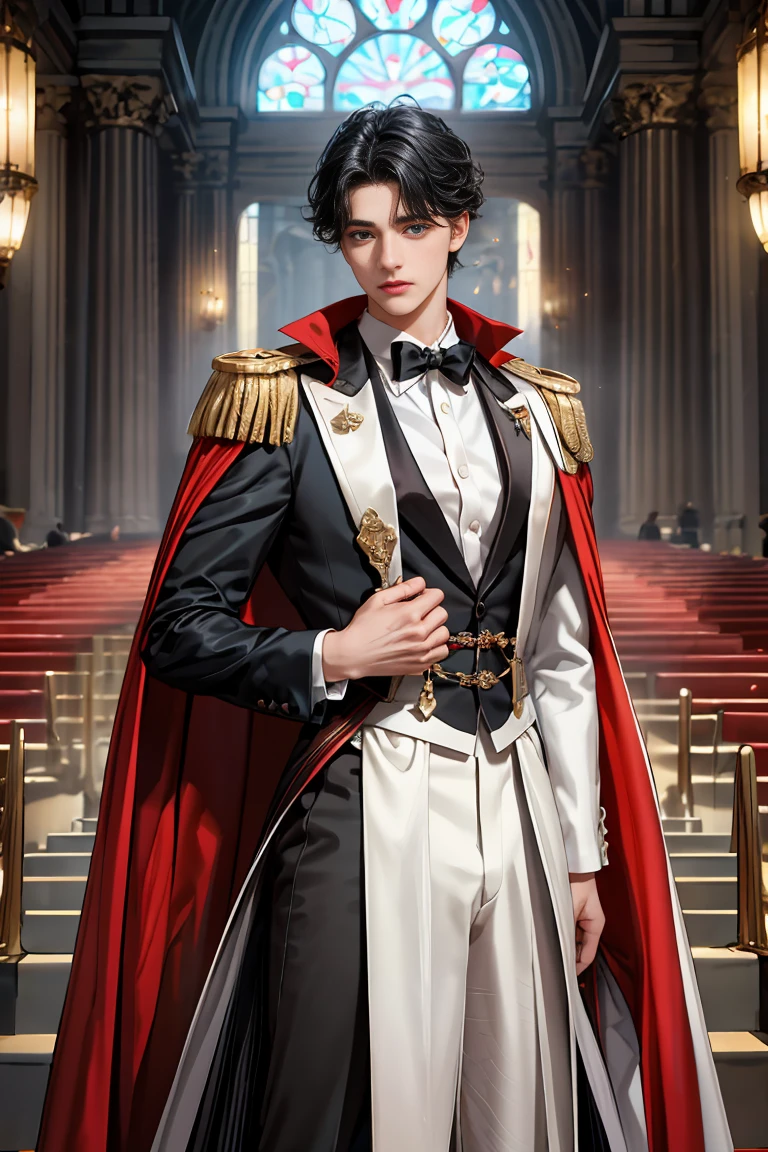
masterpiece, 最high quality, high quality, 1 boy, alone, Male focus, Watching the audience,  Messy black hair, Adorable big blue eyes, White, Noble, Noble,Sexy voluminous cape、Tuxedo、A very voluminous, large, very large, very large, long, long red and black cape with a high stand-up collar, reaching down to the floor, made of a lot of fabric., 17 years old,Cute beautiful boys,Cute, cute, kind, handsome guy
