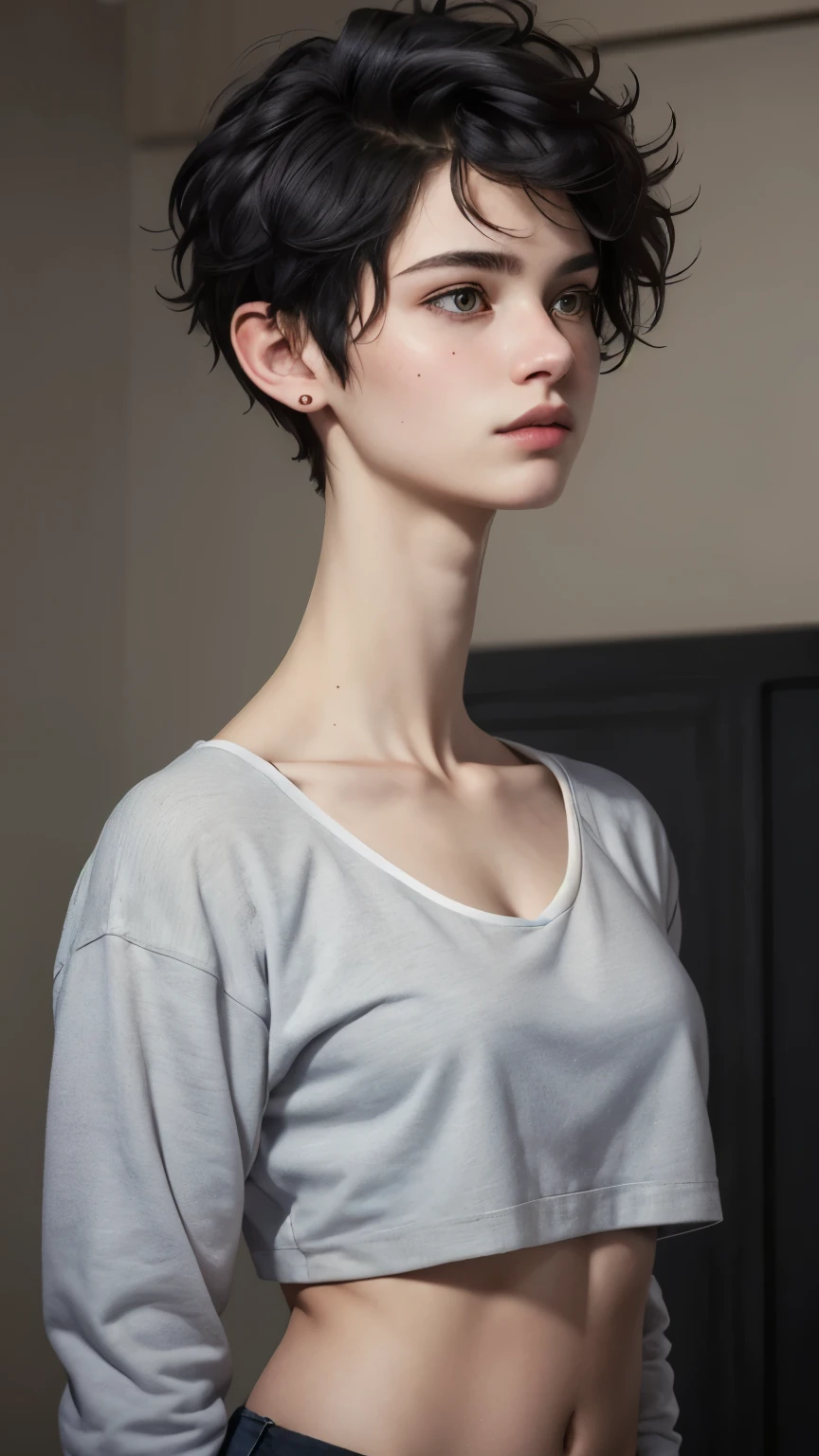 (ultra realistic, highly detailed:1.4), best quality, portrait of an 18 yo. boy, androgynous, (flat chest), short hair, thick fluffy black hair, bedhead, hoodie, midriff, (longneck:1.6)