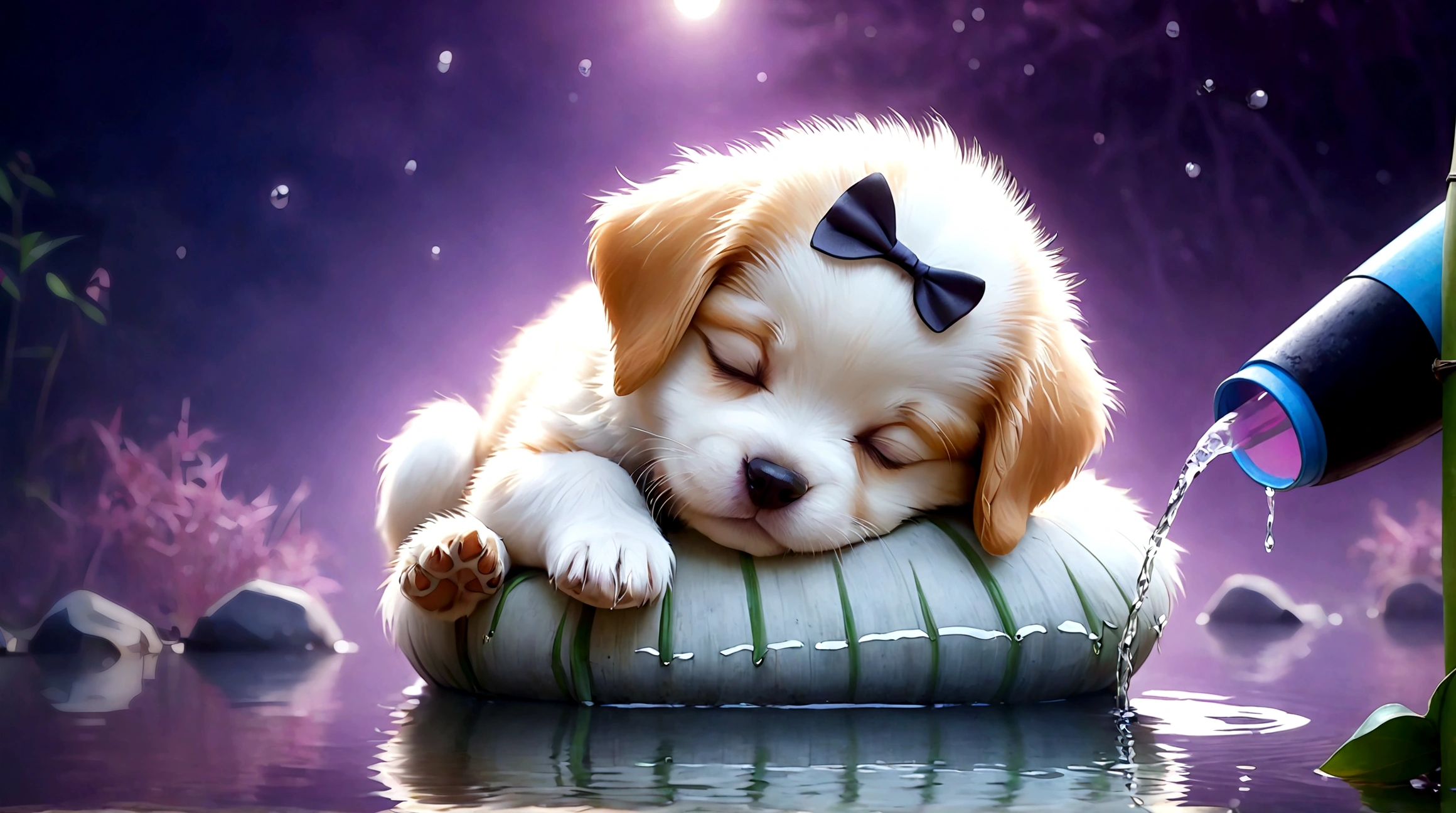 cute puppy sleeping by the lake, next to bamboo dripping with water