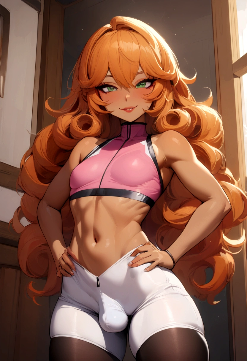 1boy,femboy,tall, very long Orange hair,long curls,elbow length Orange curls hair,tanned skin,6'2" inch tall,green eyes, feminine face, makeup,prominent lips, feminine body,round butt, sexy, smile,confident,pink crop top,Spandex shorts, highly detailed, pantyhose, thong,looking to camera, standing, luxurious room,sexy pose,Big dick,Big bulge,longer curly hair, red and white shorts,Big manhood, bigger dick,bigger cock,bigger balls,detailed face, detailed hair,detailed crotch,4K, Masterpiece, absurdres,hi res,detailed skin, Big erect Cock under shorts, tigth shorts, aroused,both arms on hips,longer hair,bigger balls,bigger cock, thick Cock, large balls,Cock under shorts, Cock strains against his shorts,Cock almost spills out of shorts