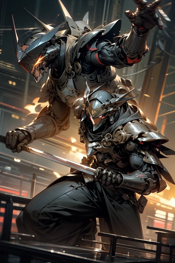 slow shutter, (blur:1.3), horror style, super fine illustration, highly detailed, masterpiece,dynamic angle,best quality,Super detailed, beautiful detailed, 8k, At night in 檀ノ浦, BREAK a MECA made of steel is on the ship, BREAK engaged in an intense ship fight with a another MECA. Sparks are flying. BREAK The fight creates a tense atmosphere as fire lights shine and the sound of clashing metal echoes.human_no,Genpei Battle,Armored warrior,droid,Robot,MECA,perfect hands,holding_sword,{{battle scene}}