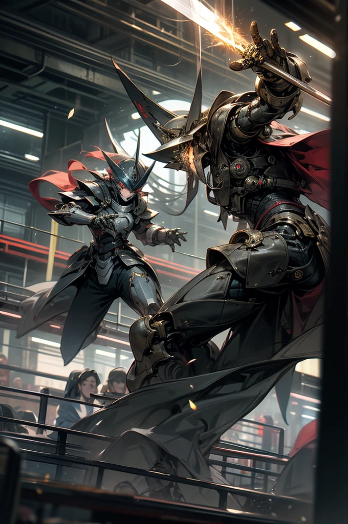 slow shutter, (blur:1.3), horror style, super fine illustration, highly detailed, masterpiece,dynamic angle,best quality,Super detailed, beautiful detailed, 8k, At night in 檀ノ浦, BREAK a MECA made of steel is on the ship, BREAK engaged in an intense ship fight with a another MECA. Sparks are flying. BREAK The fight creates a tense atmosphere as fire lights shine and the sound of clashing metal echoes.human_no,Genpei Battle,Armored warrior,droid,Robot,MECA,perfect hands,holding_sword,{{battle scene}}