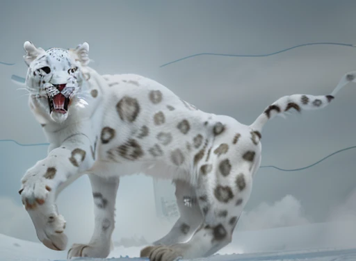 A giant white leopard, (((with 3 long fangs))), snow land, uhd, 12k, photography, Professional photo realistic nikon, masterpiece, ultra realistic, raw photo