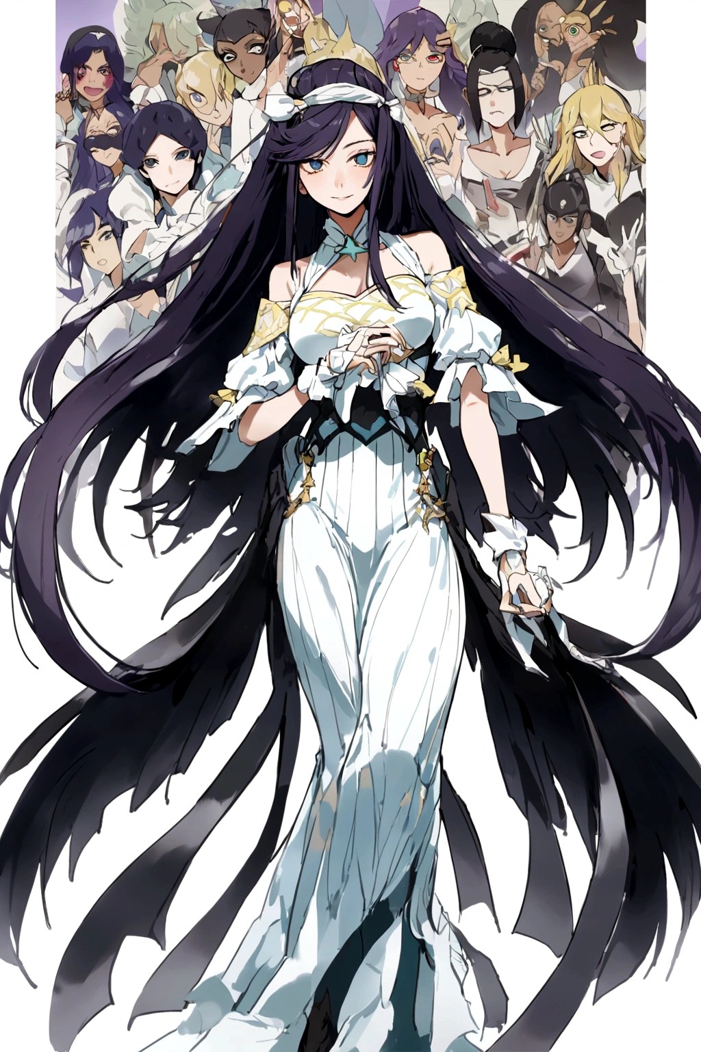 chica de secundaria, pelo largo y blanco, pelo largo y cintura, cinta blanca, ojos negros, Cuerpo hermoso, Cabello hermoso, sonrisa,Traje blanco escotado,E cup , calcetines hasta la rodilla,anillos negros para las piernas,no usa bragas , cuerpo completoesbiano