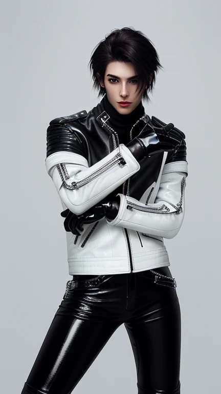 
Final Fantasy-style graphics、young, Cute and cool Japanese boys, Thin eyebrows and big eyes,  He is wearing a shiny white single-breasted leather jacket.........。Biker style leather jacket、 with epaulettes,  The jacket is zipped up, The jacket pockets are black., The jacket has a high stand-up collar with a belt, Also wearing a black turtleneck, Black Leather Pants, Thin black leather gloves on both hands, Black leather knee-high lace-up boots, Show me your whole body from head to toe, Final Fantasy Style、((good looking))、((good looking))、((Clear eyes and nose))、((Shiny white single leather jacket))、((The jacket must be white.))、((The jacket has epaulettes))、((Jacket has a high stand-up collar and belt))、((The jacket has a black pocket))、((Black turtleneck shirt))、((Black Leather Pants))、((Always wear shiny black leather gloves on both hands))、((Cover the entire fingers of both hands with gloves))、((Black lace-up leather long boots))、((Show from head to toe))、Realistic image quality and texture、In a small cell、close your eyes、A kind smile、((The front of the jacket is closed with a zipper))、((No exposed skin below the neck))、((Round face)、((Short Hairstyles))、((Upright posture))、((Don&#39;Don&#39;t sit))