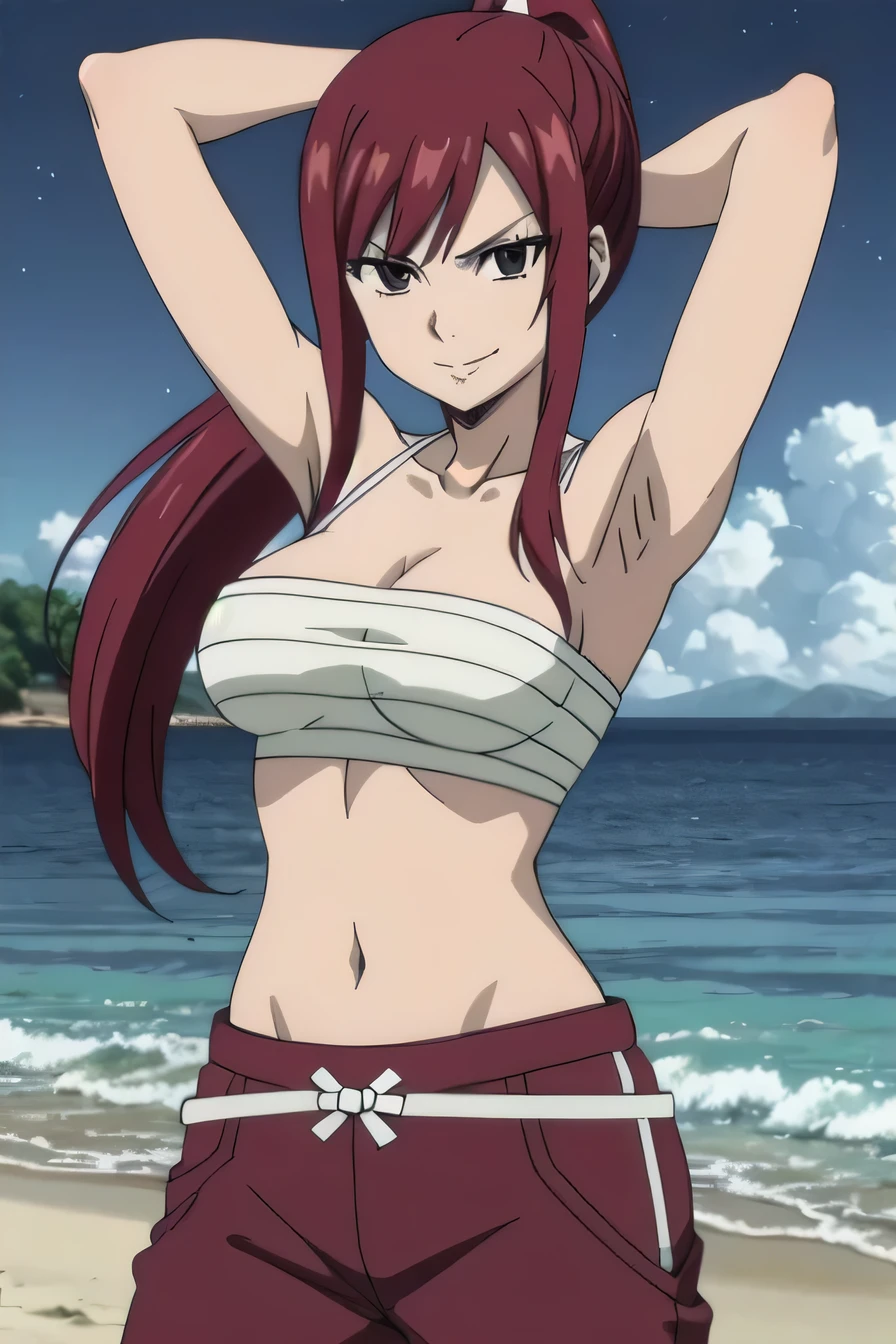 1girl, solo, (cowboy shot:1.5), solo, night sky, beach, arms behind head, contrapposto, spread armpits, looking at viewer, best quality, black eyes, brown eyes, smirk, collarbone, blue sky, high ponytail, sideboob, anime coloring, ERZASCARLET, SARASHI, CHEST SARASHI, RED HAKAMA, MIDRIFF, BARE SHOULDERS, PONYTAIL