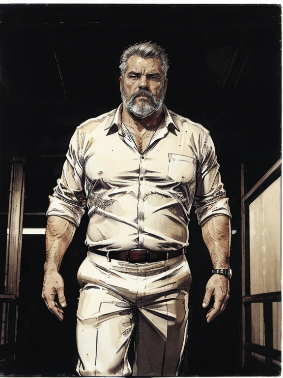 vista frontal, Vista lateral, vista traseira, de personagem, Multiple views and poses, various points of view, um personagem, corpo inteiro,masutepiece,High quality,Highly detailed,intense scene, solid, Gritty reality setting for 50 year old sexy fat bearded man,full of sweat,Full body,Big belly,((Wearing a white shirt and white trunks)),Stunned face,Open the legs,In the darkness, Varied Camera Angles in Photography