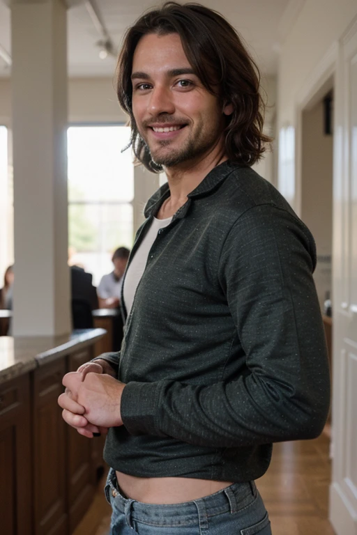 40 year old Male stubble beard brown handsome green eyes thin middle curly hair classy dressed casual badass skinny in black clothes smiling UK