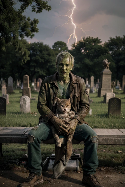 Zombie male middle-aged decay green skin tone dirty full body photo very worn clothes Playing The moment lightning strikes At the graveyard   Sitting on a bench holding a cat on his lap