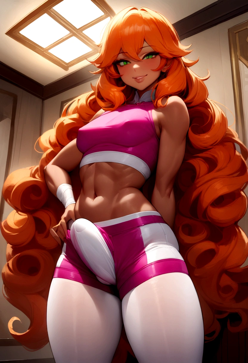 1boy,femboy,tall, very long Orange hair,long curls,elbow length Orange curls hair,tanned skin,6'2" inch tall,green eyes, feminine face, makeup,prominent lips, feminine body,round butt, sexy, smile,confident,pink crop top,Spandex shorts, highly detailed, pantyhose, thong,looking to camera, standing, luxurious room,sexy pose,Big dick,Big bulge,longer curly hair, red and white shorts,Big manhood, bigger dick,bigger cock,bigger balls,detailed face, detailed hair,detailed crotch,4K, Masterpiece, absurdres,hi res,detailed skin, Big erect Cock under shorts, tigth shorts, aroused,both arms on hips,longer hair,bigger balls,bigger cock, thick Cock, large balls,Cock under shorts, Cock strains against his shorts,Cock almost spills out of shorts,add balls