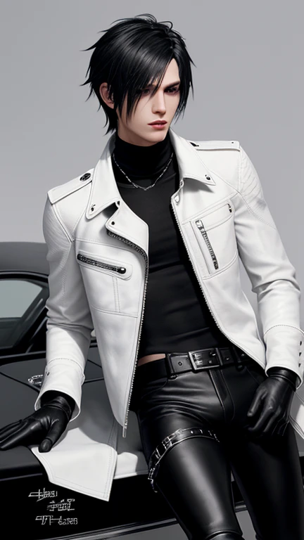 Final fantasy taste and reality graphics, Japanese young cute and cool boy, thin eyebrows and beady eyes, he wearing off white color leather thick singlebrest biker jacket, with epaulet, jacket zipped, jacket is biker style, , jacket collar is high length stand-up collar with belts, jacket is a little black line pattern, also wearing black thick turtleneck shirts, tight black leather pants, shiny black leather tight and thin glove, black leather knee-high raceup boots,views head-to-toe,views whole body, boy looks like fashion model,Do not show skin from the neck down,leather jacket leather glove and leather pants have few wrinkles,boy in the room,