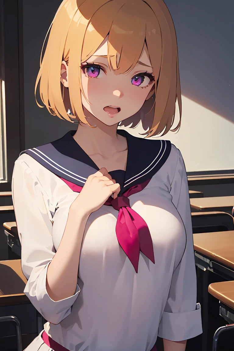 masterpiece, absurdres, best quality, ultra detailed, high Resolution, detailed illustration, bright colour, (extremely beautiful detailed face and eyes, Delicate beautiful face, 1 girl, cute face:1.3), (magenta eyes:1.1), sparkling eyes, big eyes, medium breasts, (perky breasts:1.1), (pointy breasts:1.1), medium hips, glamorous body, white skin, BREAK, long bob cut, (blonde hair:0.8), messy hair, detailed hair, shiny hair, BREAK (Sailor suit and machine gun, brassiere:1.3), perfect lighting, (embarrassed:1.3), (ecstasy, vulgarity:1.5), (trembling:0.8), classroom,