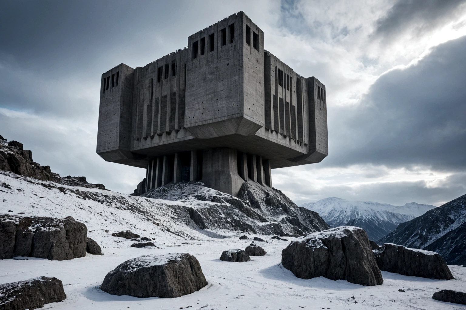 ((ON AN ALIEN PLANET IN THE BACKGROUND THERE IS A BRUTALIST-STYLE CONCRETE FORTRESS)), (((A FUTURISTIC 40TH CENTURY AD FLYING ALIEN SPACESHIP PASSES IN CLOSEUP)) AMONG THE STEEP AND INTRINSIC MOUNTAINS WITH SHARP ROCKS WITH SNOW AND ICE, THE STORMY AND COLD SKY HAS THE CLOUDS DESTROYED BY THE FREEZING WIND FROM THE POLE, IMAGEN HIPER REALISTA, MAXIMUM DEPTH OF FIELD, MAXIMUM HDR 4K RESOLUTION, PERSPECTIVA PERFECTA
