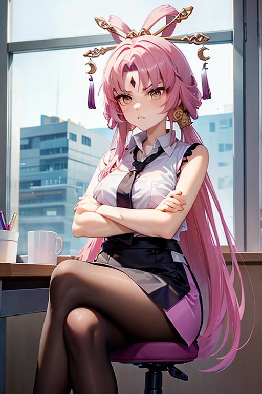 (Fu Xuan), pink adorned hair, office environment, sleeveless collared office shirt, short pencil skirt, crossed arms, hold a cup of coffee, annoyed face, tsundere, high heel pumps, short height, crossed legs