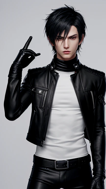 Final fantasy taste and reality graphics, Japanese young cute and cool boy, thin eyebrows and beady eyes, he wearing off white color leather thick singlebrest biker jacket, with epaulet, jacket zipped, jacket is biker style, , jacket collar is high length stand-up collar with belts, jacket is a little black line pattern, also wearing black thick turtleneck shirts, tight black leather pants, shiny black leather tight and thin glove, black leather knee-high raceup boots,views head-to-toe,views whole body, boy looks like fashion model,Do not show skin from the neck down,leather jacket leather glove and leather pants have few wrinkles,boy in the room,
