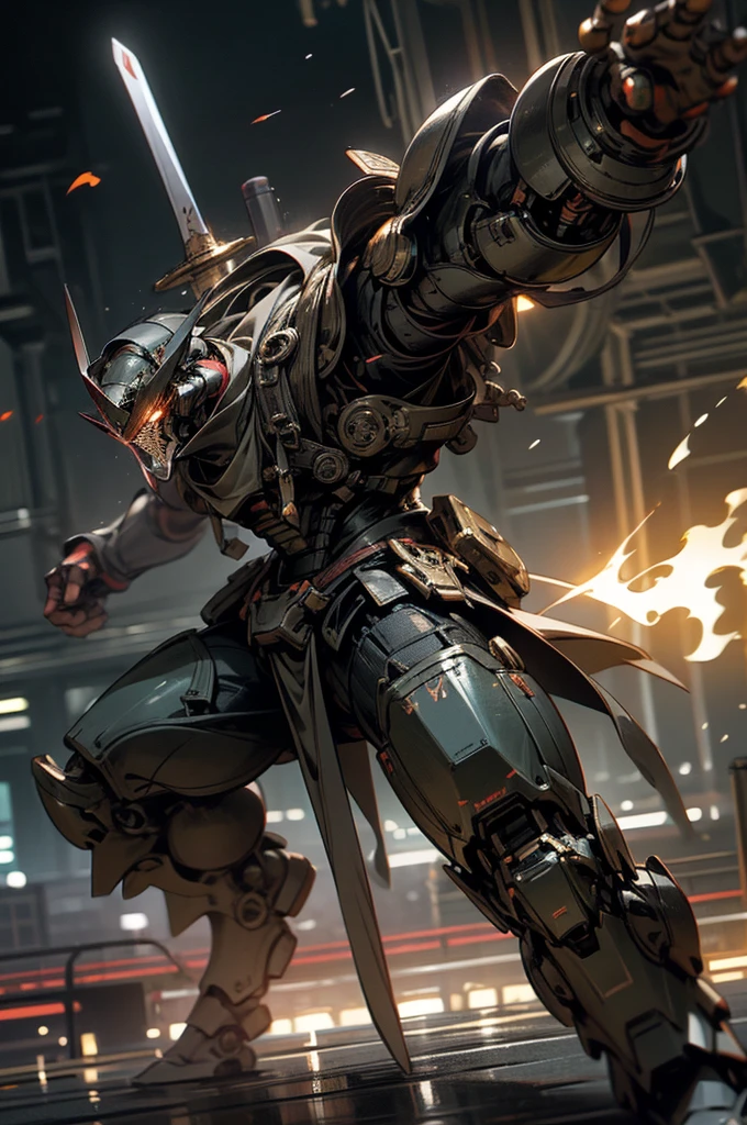 slow shutter, (blur:1.3), horror style, super fine illustration, highly detailed,{ masterpiece},dynamic angle,{best quality},Super detailed, beautiful detailed, 8k, At night in see, BREAK a MECA made of steel is on the battle ship, BREAK engaged in an intense the ship fight with a another MECA. Sparks are flying. BREAK The fight creates a tense atmosphere as fire lights shine and the sound of clashing metal echoes.human_no,{Genpei Battle},Armored warrior,droid,Robot,MECA,perfect hands,holding_sword,battle scene,